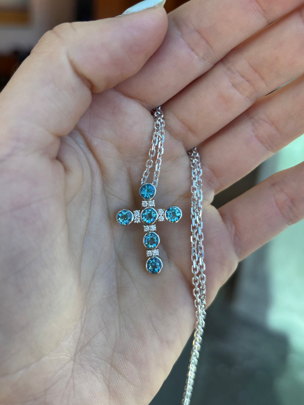 Saint Olivia Classic Mini Cross - Swiss Blue Topaz & Diamonds